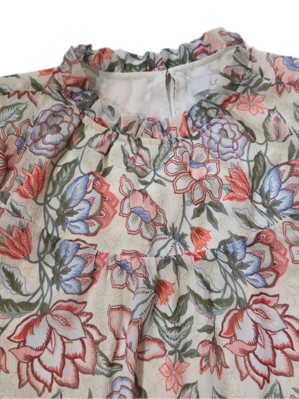 LOFT Blouse Womens XL White‎ Tunic High Neck Puff Sleeve Ruffle Button Chiffon